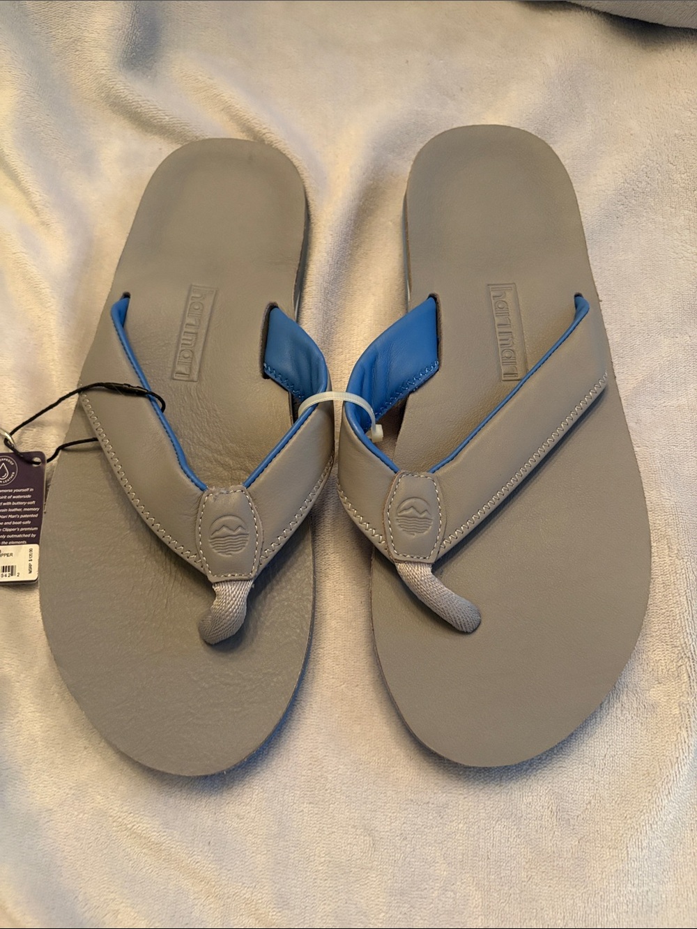 Mens Gray Flip-Flop Sandals with Blue Trim